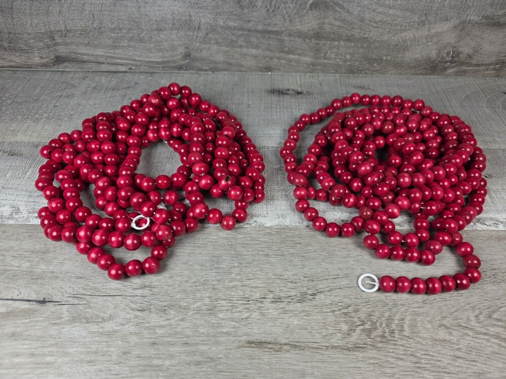 Red Bead Christmas Garland 12' Wood String Garland Rustic Farmhouse x2 g40